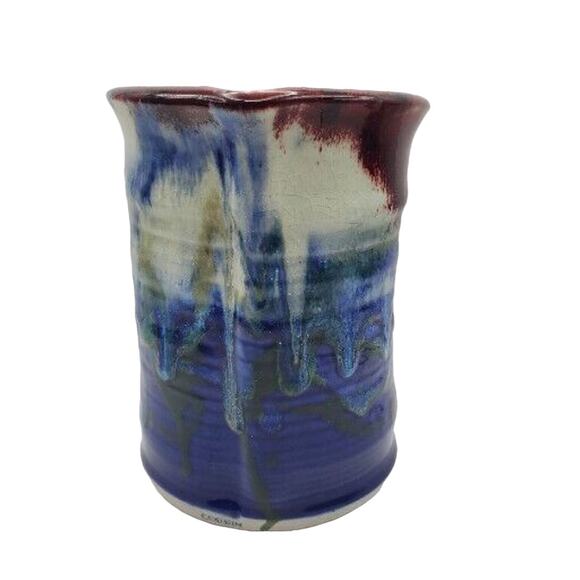 Red Blue Studio Art Pottery Vase Drip Large Stoneware Ceramic Holder Iowa Corbin - Picture 8 of 12